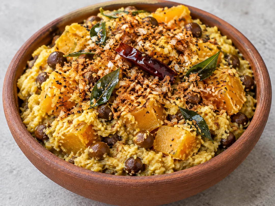 Pumpkin Erissery — Kerala pumpkin erissery with kala chana, coarse coconut paste and browned coconut tempering