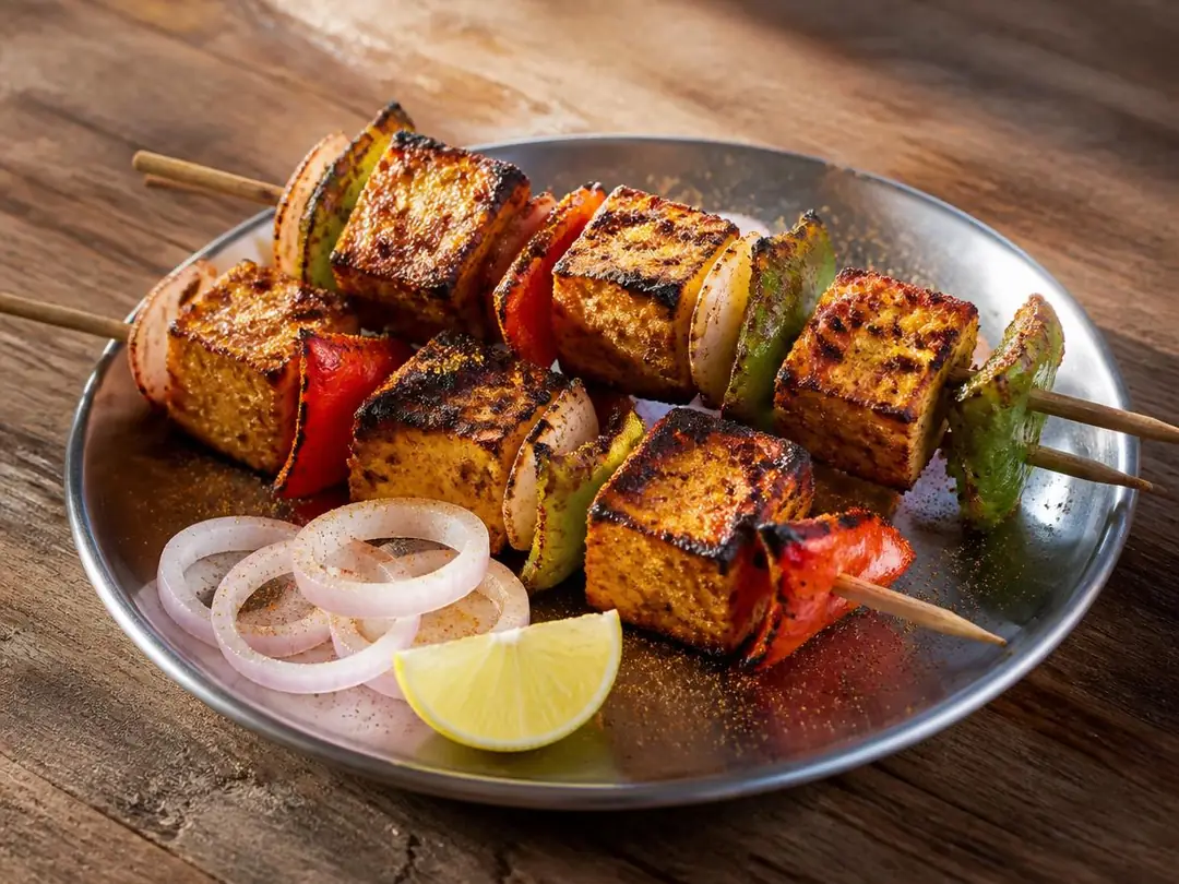 Paneer Tikka — Char-grilled paneer tikka with peppers and onion