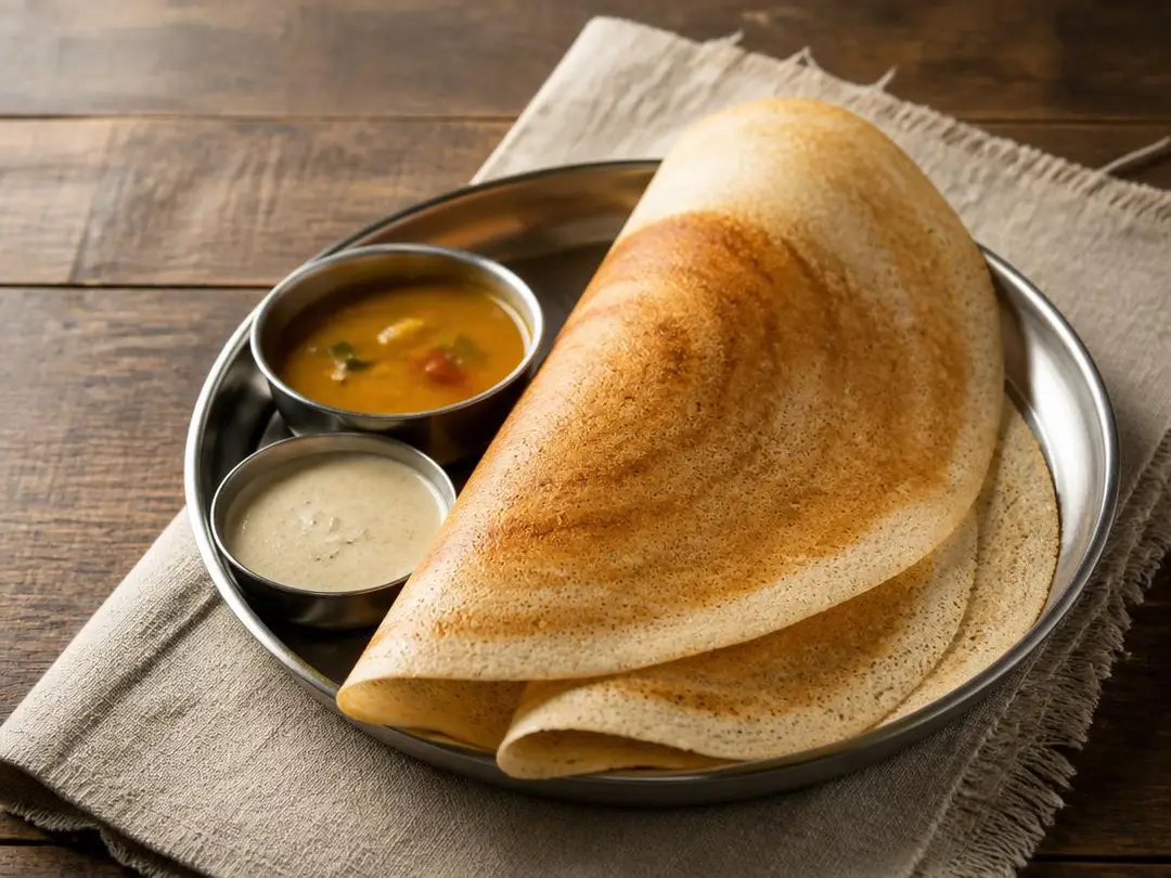 Breakfast — Crisp golden plain dosa with chutney and sambar