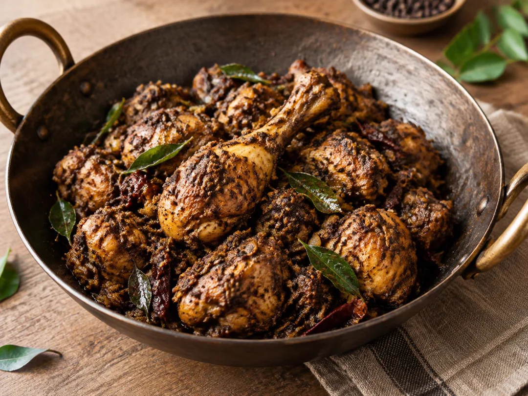 Chettinad Chicken — Chettinad chicken coated in dark roasted pepper masala with curry leaves