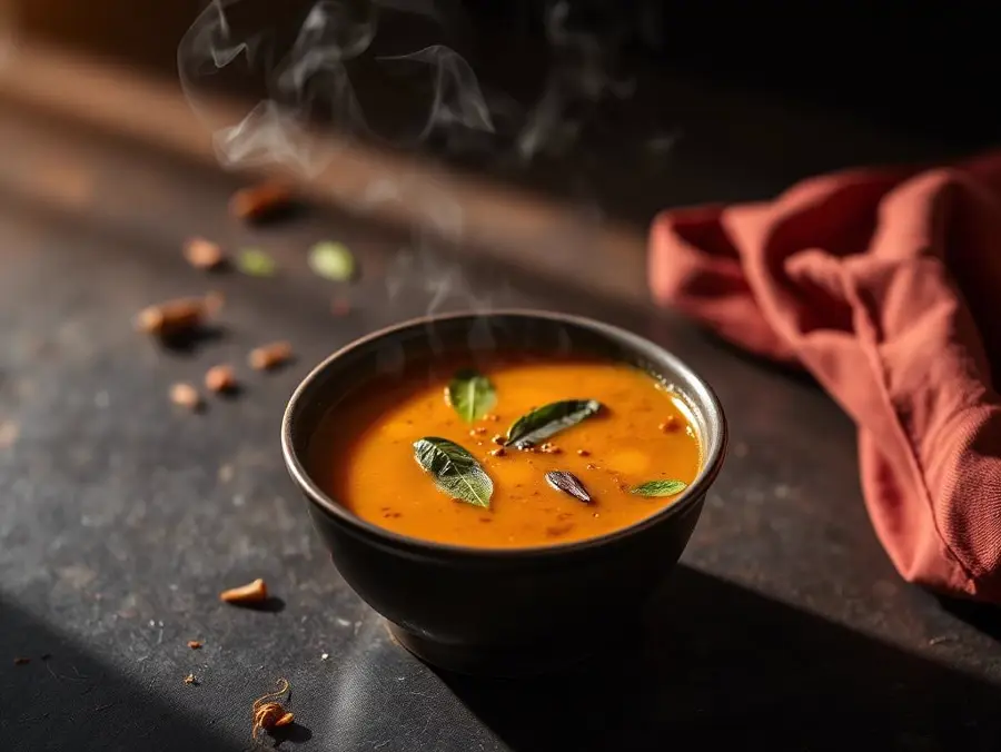 Tomato Rasam — Steaming bowl of South Indian rasam