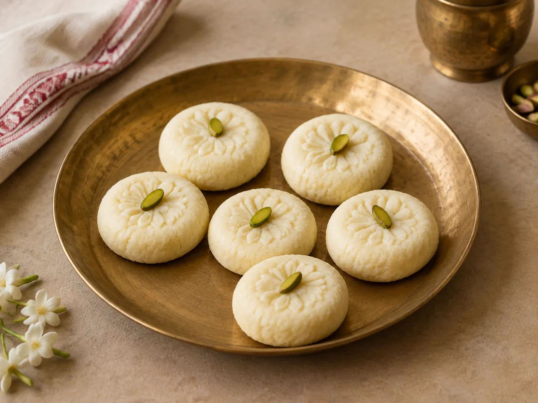 Sandesh — Bengali sandesh chenna sweets shaped into floral discs with pistachio