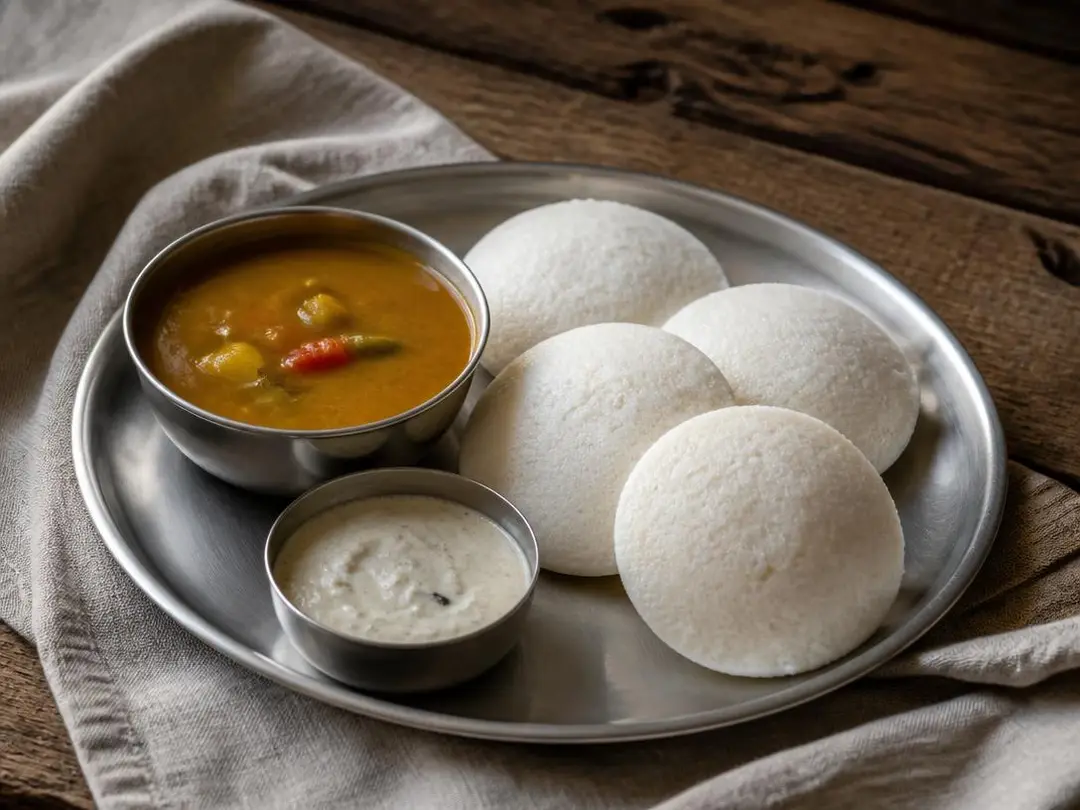 Soft Idli — Soft white steamed idli with sambar and coconut chutney