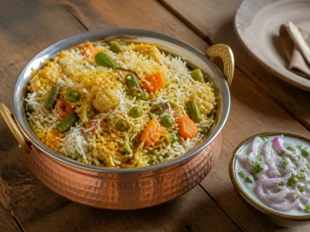 Rice & Breads — Vegetable biryani with carrot, peas and beans in a copper handi