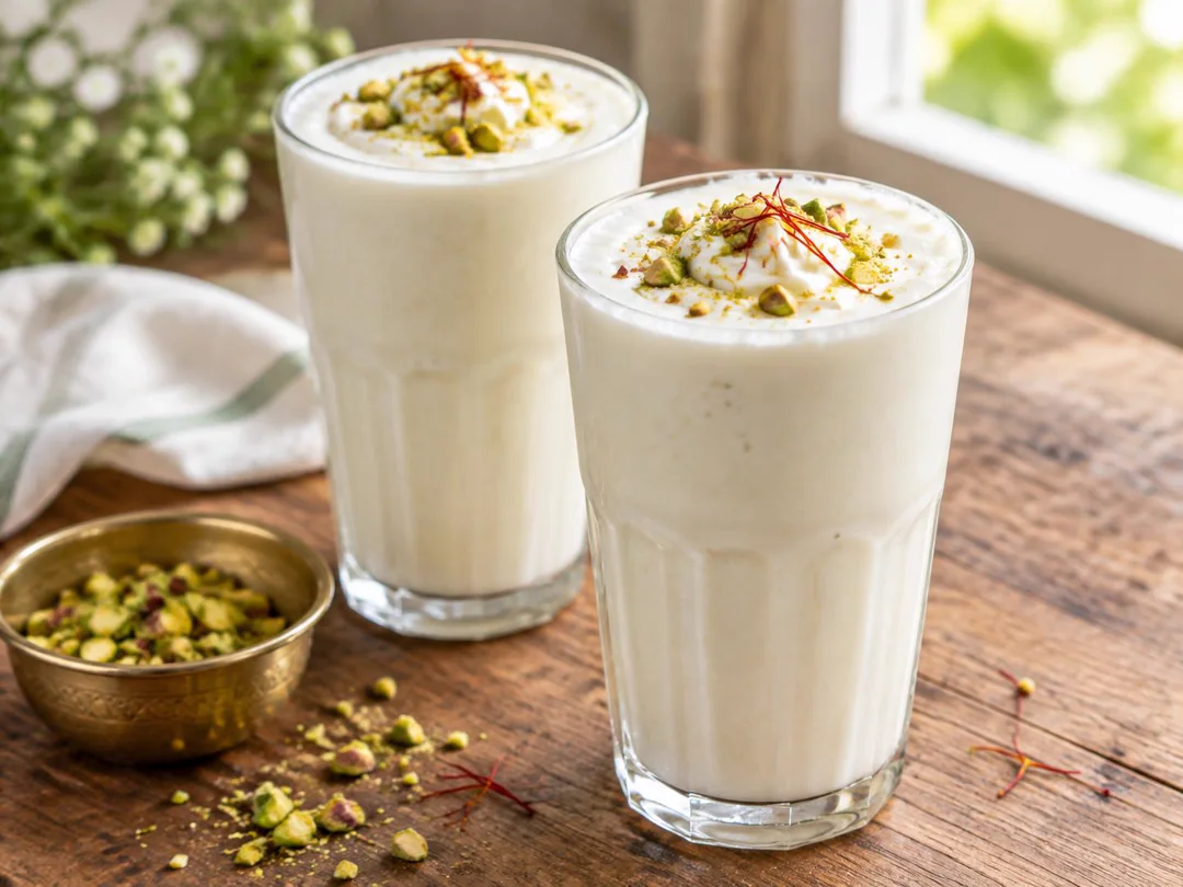Sweet Lassi — Sweet lassi in tall glasses topped with cream, pistachios and saffron