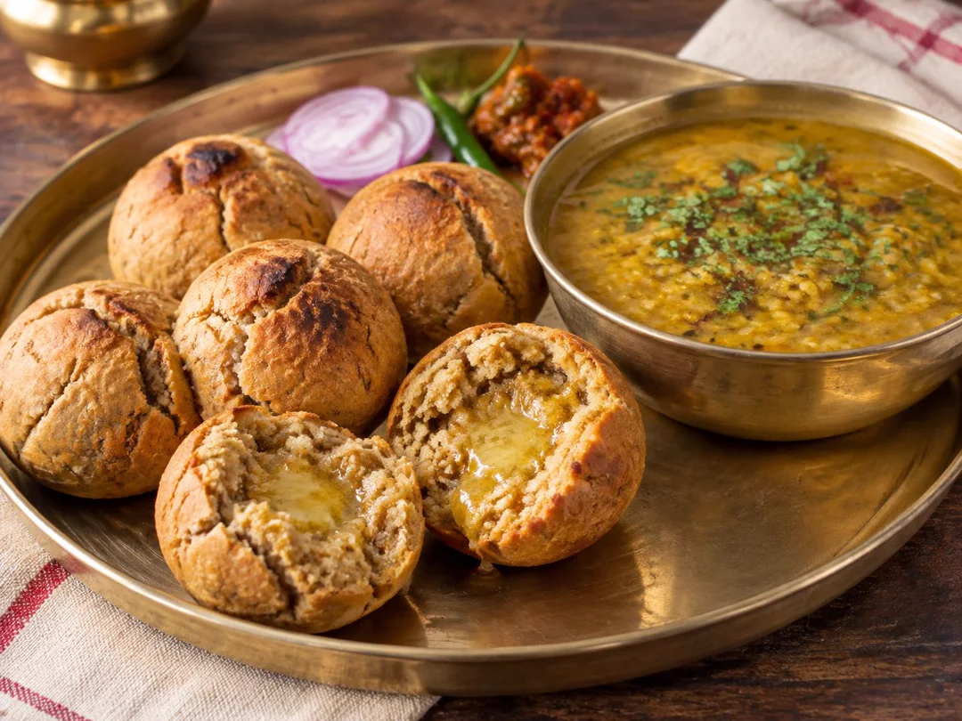 Dal Baati — Rajasthani dal baati with cracked baked baatis, thick dal and ghee