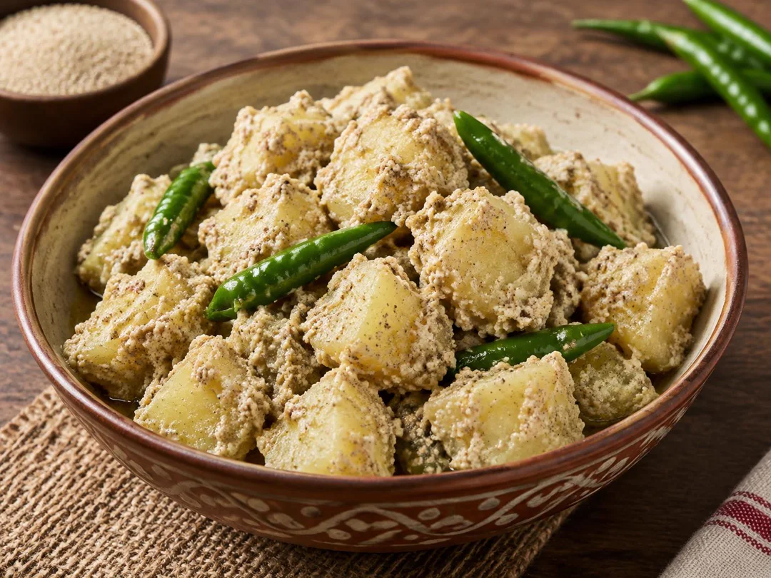 Aloo Posto — Bengali aloo posto with potato cubes coated in coarse pale poppy-seed paste and green chillies