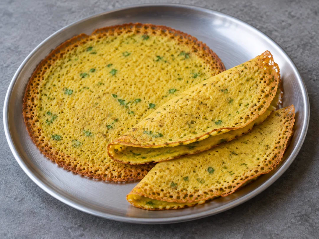 Moong Dal Cheela — Thin yellow moong dal cheela with fine lentil texture, crisp edges and green herb flecks
