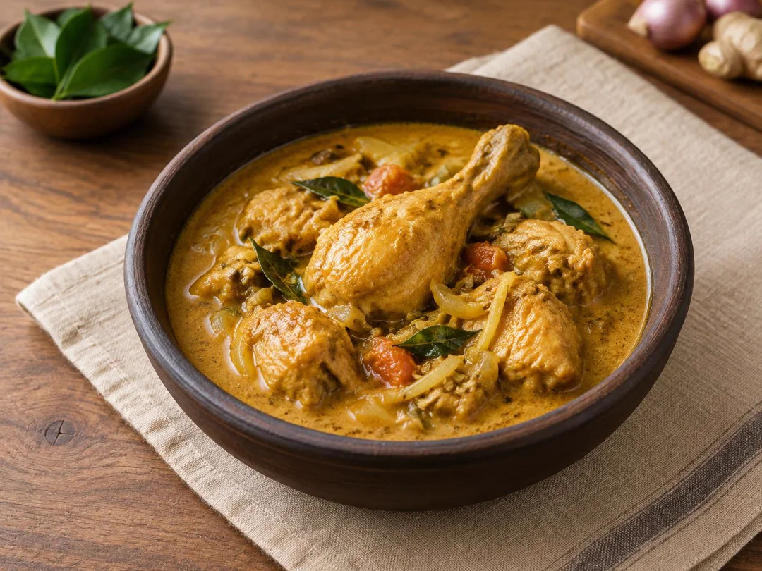 Malabar Chicken Curry — Kerala Malabar chicken curry in golden coconut milk gravy with curry leaves