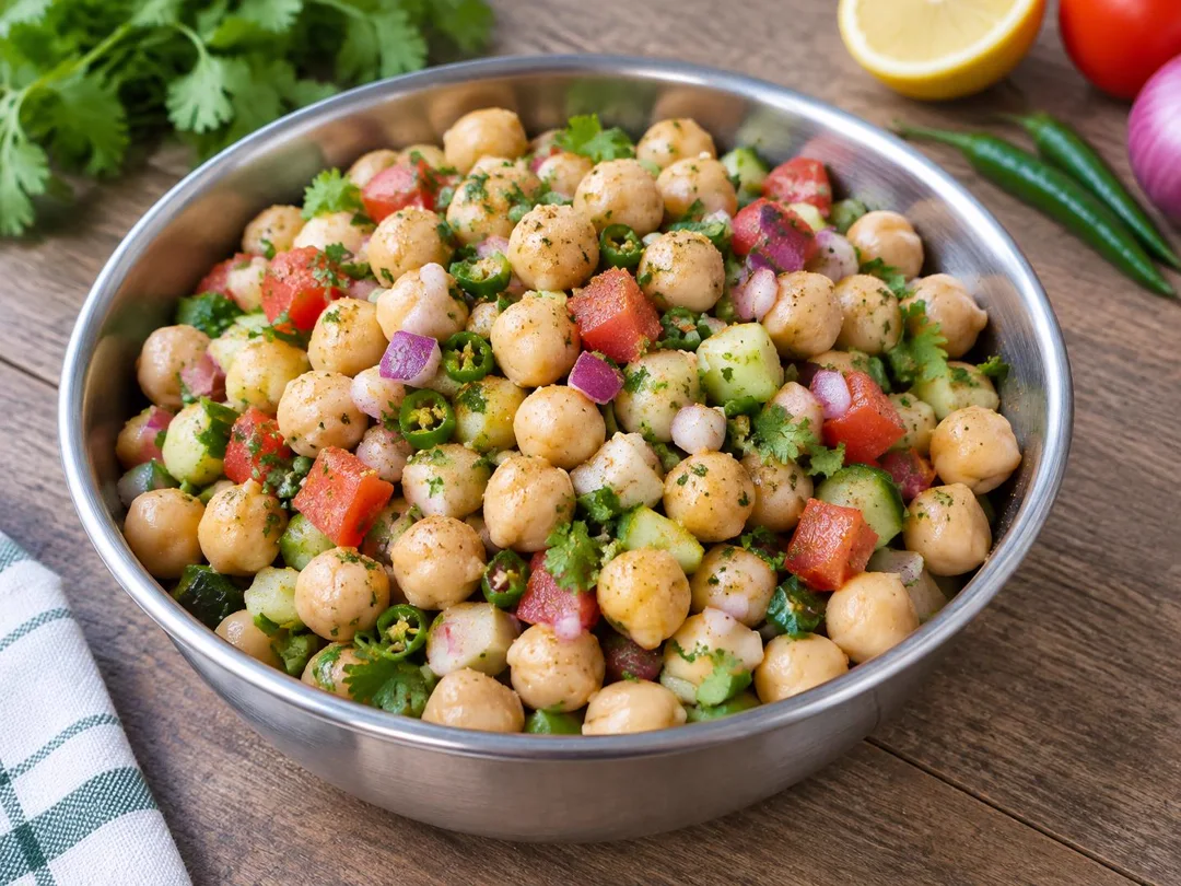 Chana Chaat — Whole kabuli chickpeas tossed with raw onion, tomato, cucumber, coriander and lemon