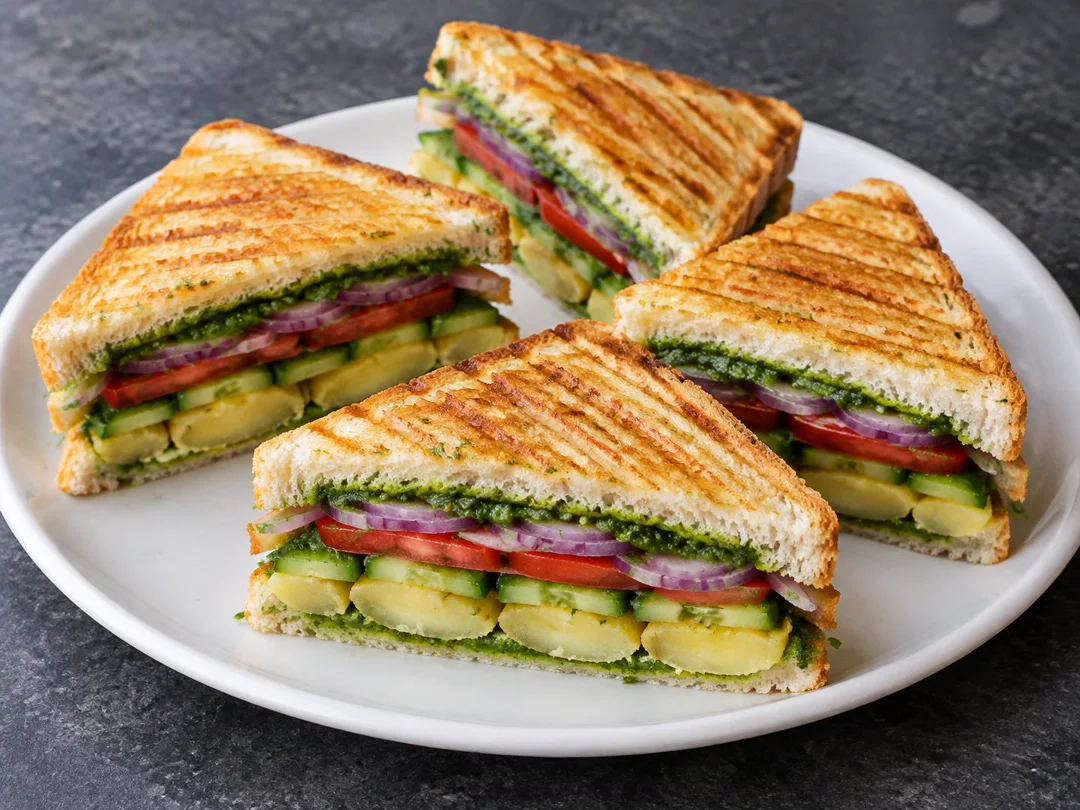 Bombay Veg Sandwich — Grilled Bombay vegetable sandwich with visible potato, cucumber, tomato, onion and green chutney layers