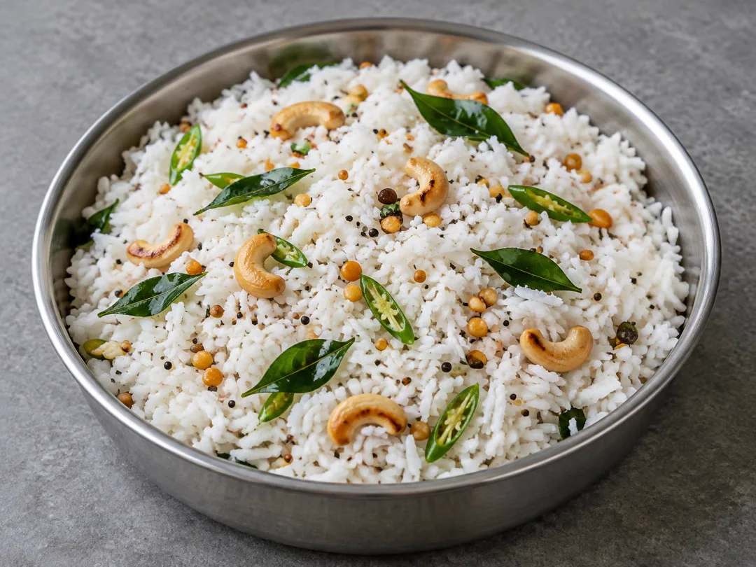 Coconut Rice — White coconut rice with grated coconut, toasted cashews, mustard seeds and curry leaves