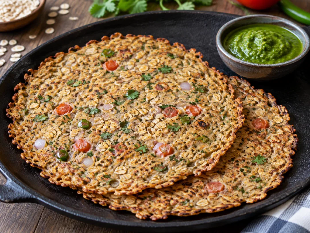 Oats Chilla — Thin crisp oats chillas flecked with onion, tomato, chilli and coriander, with green chutney