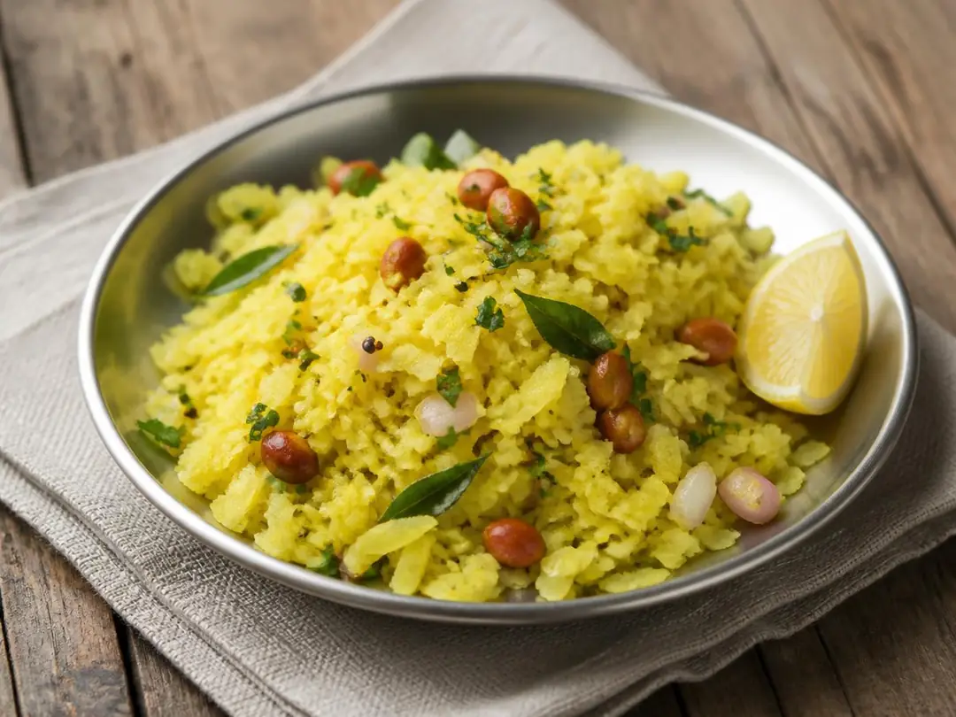 Under 30 minutes — Turmeric-tinted flattened rice poha with peanuts and curry leaves