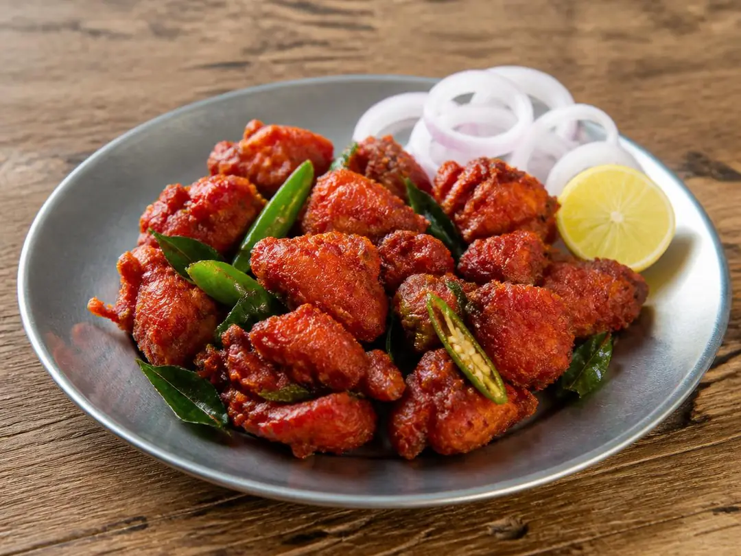 Chicken 65 — Crisp red-orange Chicken 65 with curry leaves and green chilli