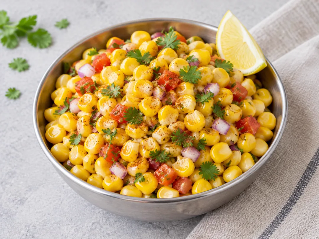 Masala Corn Chaat — Whole yellow sweetcorn kernels tossed with onion, tomato, coriander, lemon and chaat masala