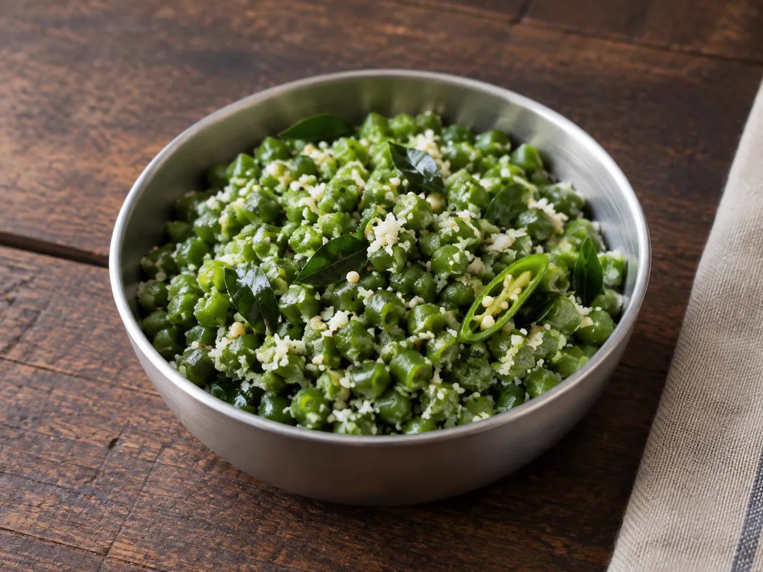 Beans Poriyal — Dry Tamil beans poriyal with finely chopped green beans, coconut, mustard and urad dal