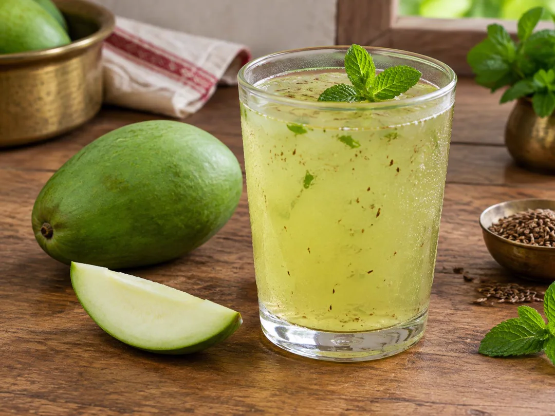 Aam Panna — Translucent pale-green raw mango aam panna with roasted cumin, mint and condensation