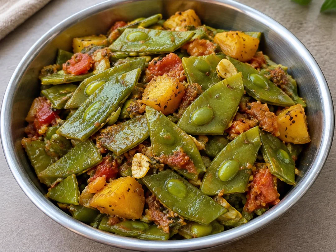 Sem Ki Sabzi — Broad diagonally cut flat bean pods with potato chunks in semi-dry tomato and ajwain masala