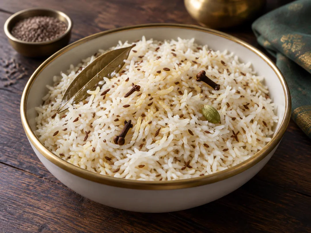 Jeera Rice — Fluffy basmati rice tempered with cumin seeds, bay leaf, cloves and cardamom