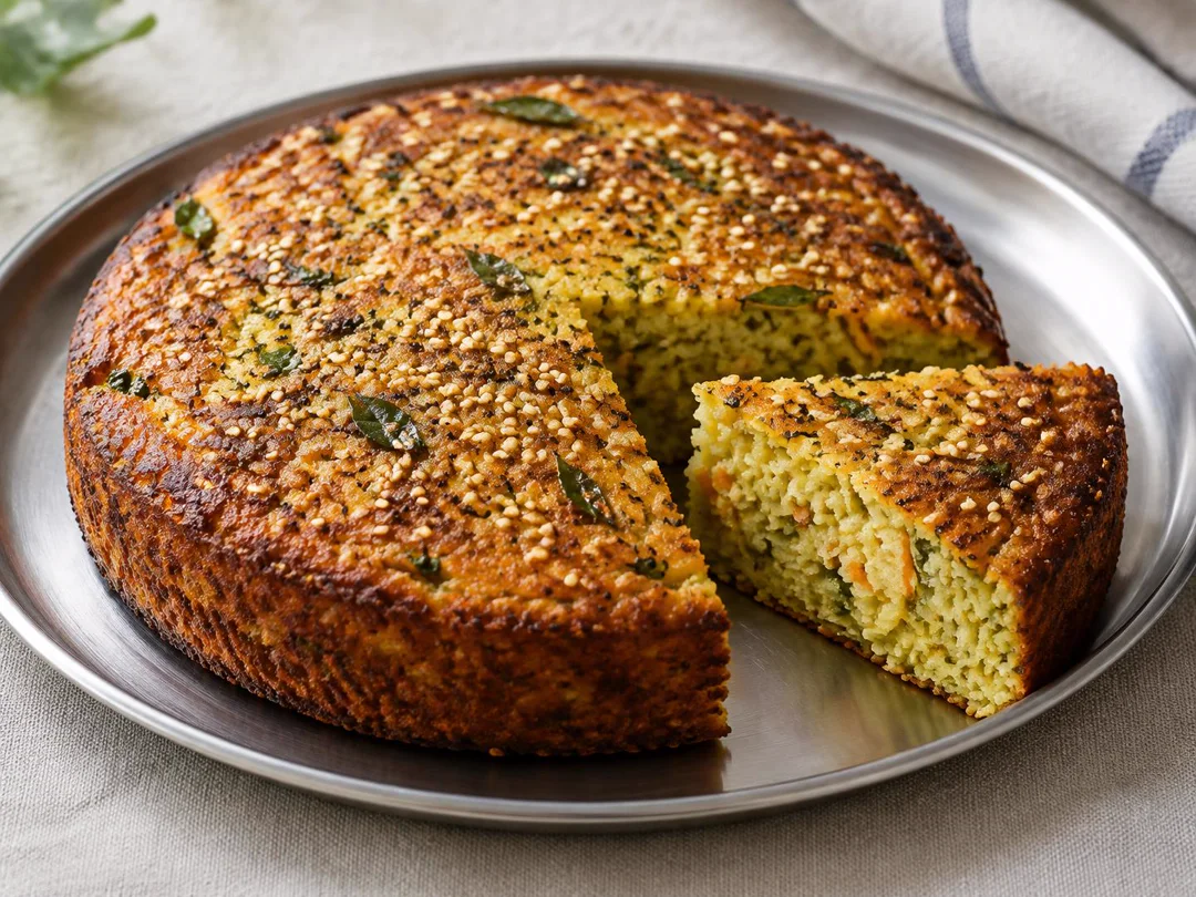 Handvo — Gujarati handvo with a sesame crust and visible savory vegetable crumb