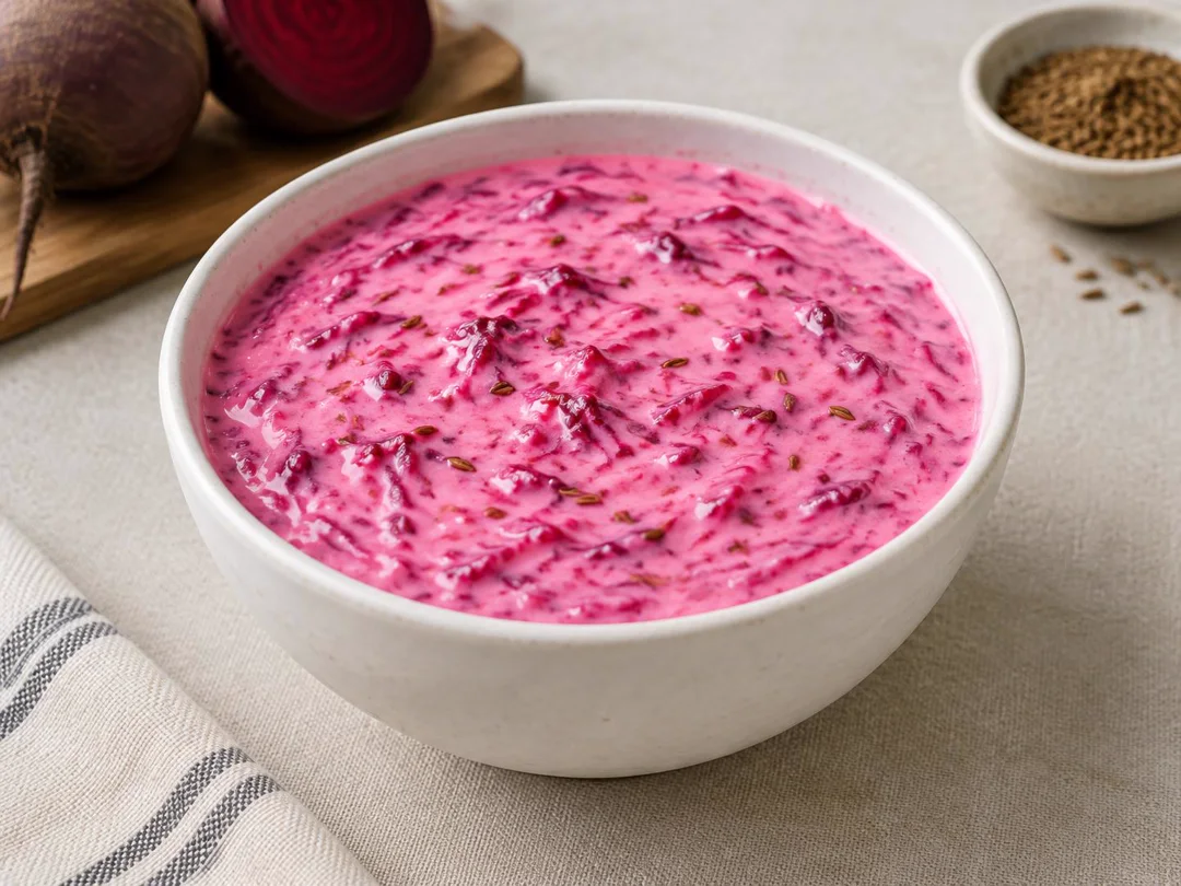 Beetroot Raita — Pink yogurt raita with grated beetroot and roasted cumin