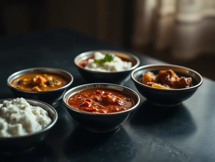 Boondi Raita — Small bowls of Indian chutney, raita and pickle