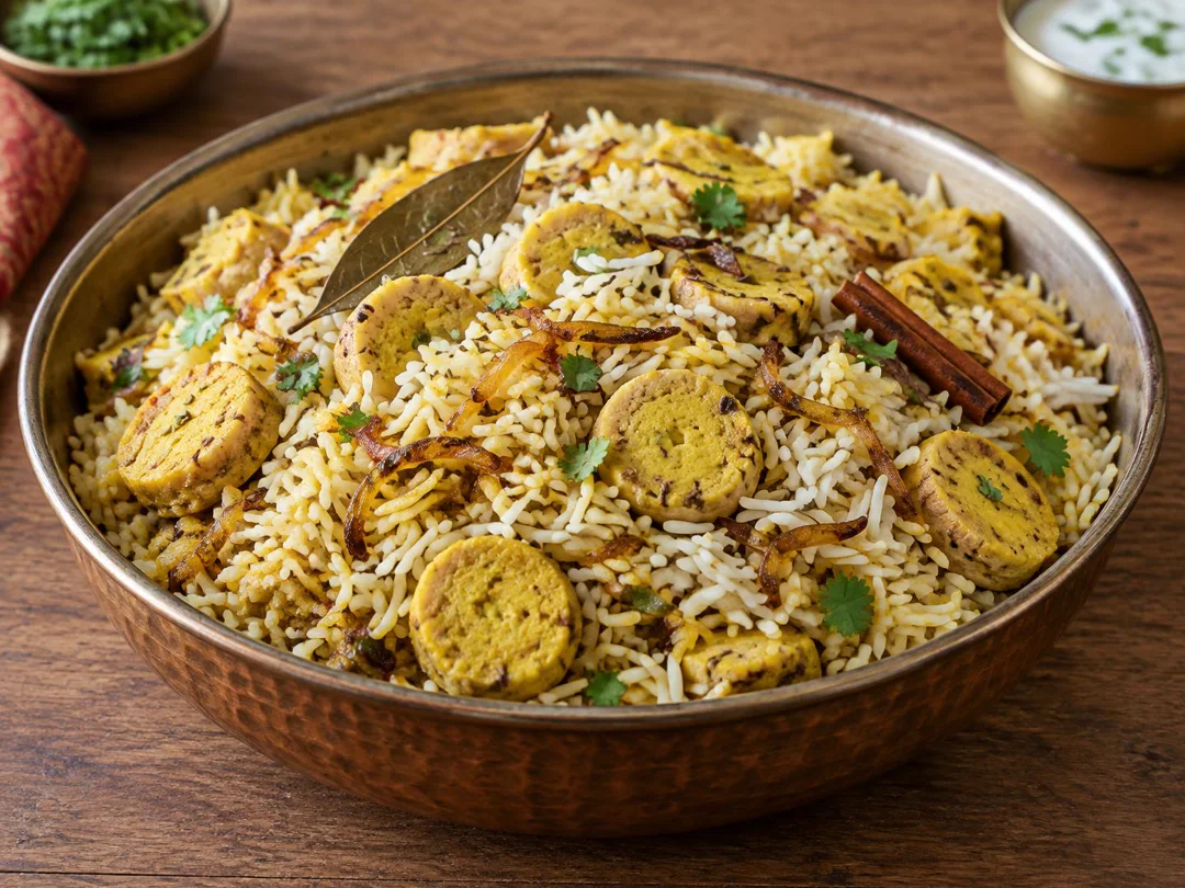 Gatte Pulao — Rajasthani gatte pulao with loose basmati rice, sliced gram-flour gatte and browned onion