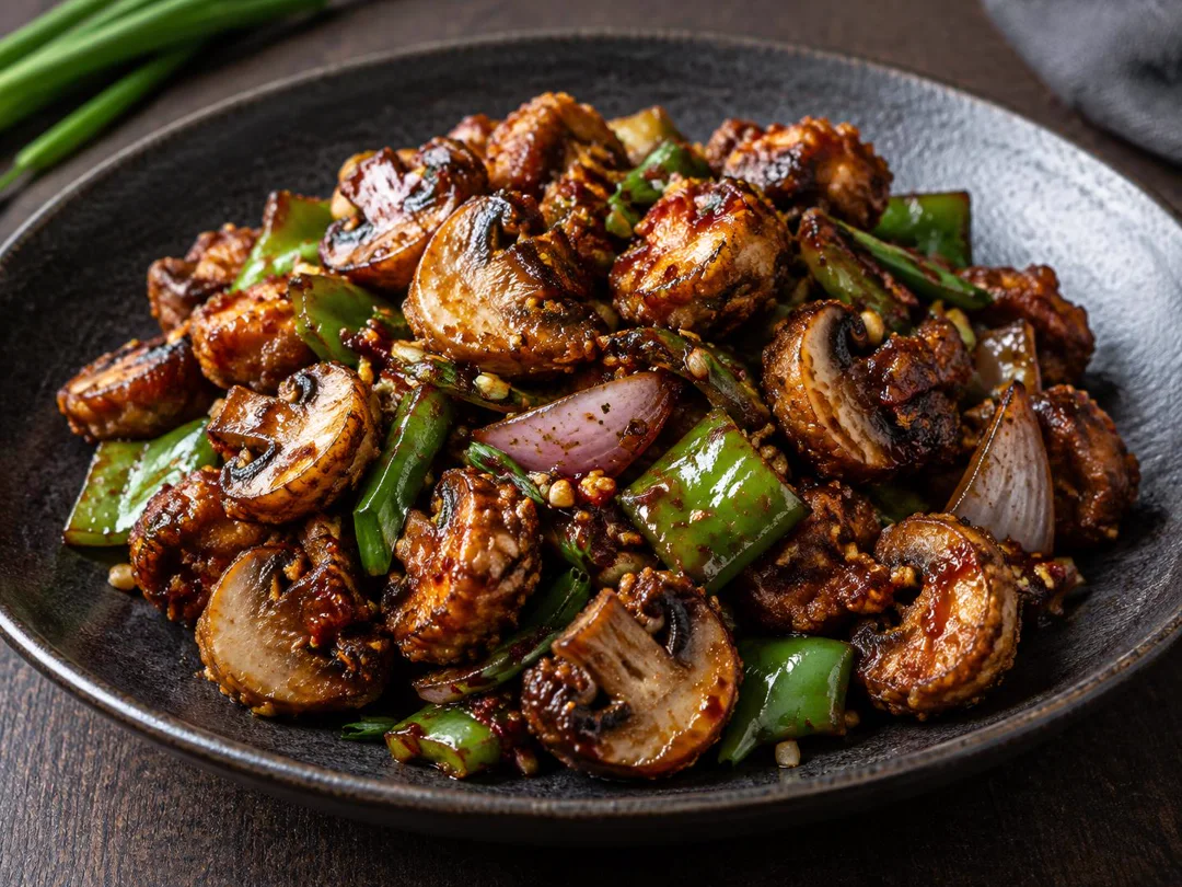 Chilli Mushroom — Crisp Indo-Chinese mushrooms in a glossy soy-chilli glaze with onion, capsicum and spring onion