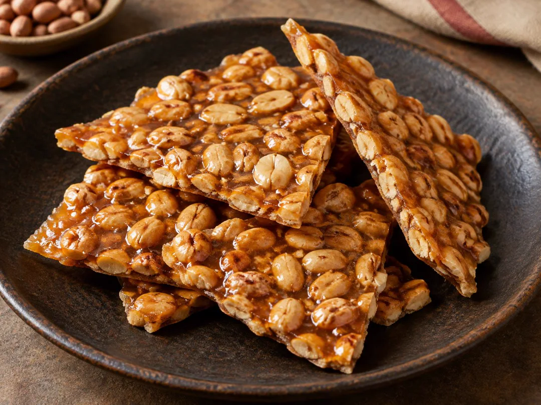 Peanut Chikki — Thin snapped slabs of amber jaggery brittle densely packed with whole roasted peanuts