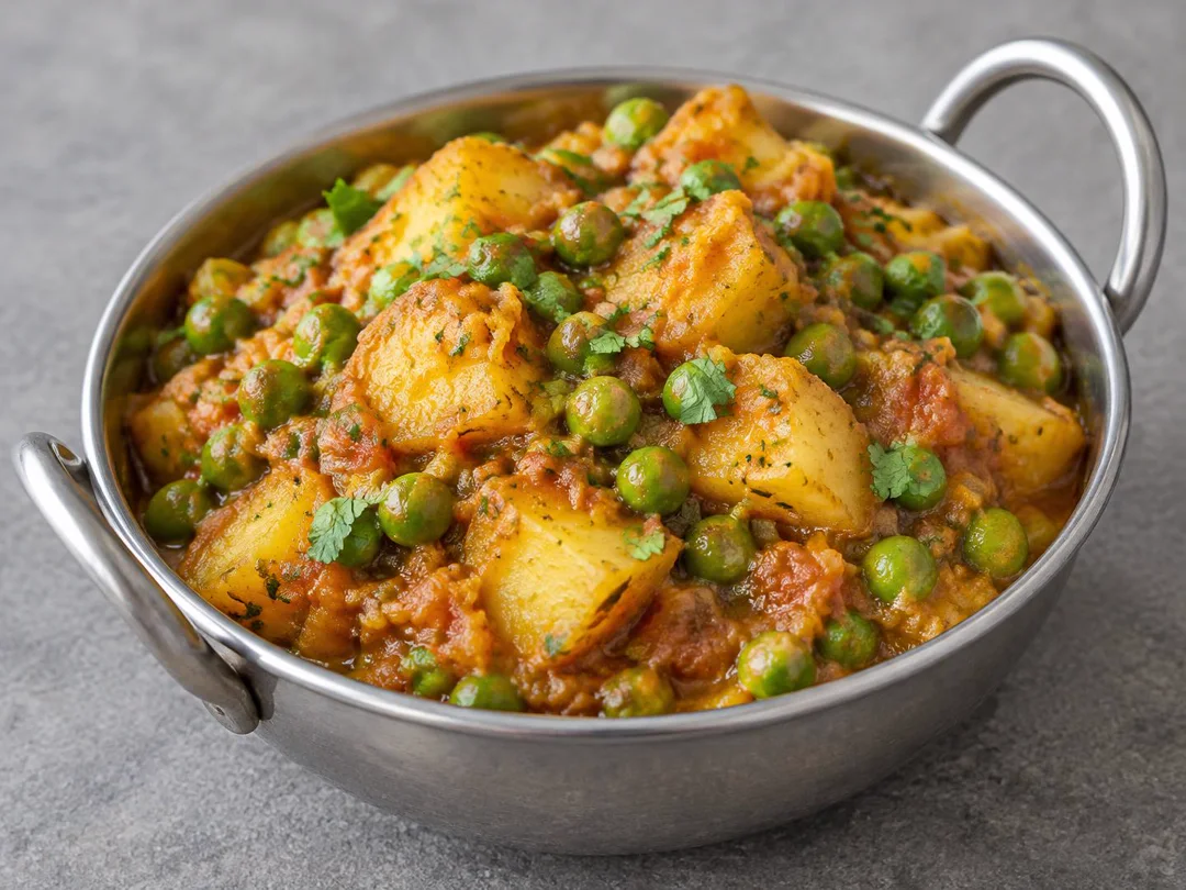 Aloo Matar — Potato chunks and whole green peas in thick rustic onion-tomato Aloo Matar gravy