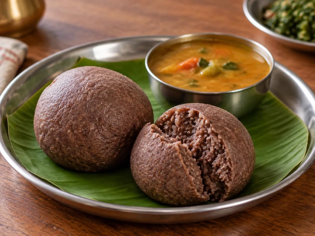 Ragi Mudde — Dark brown Karnataka ragi mudde balls served with sambar