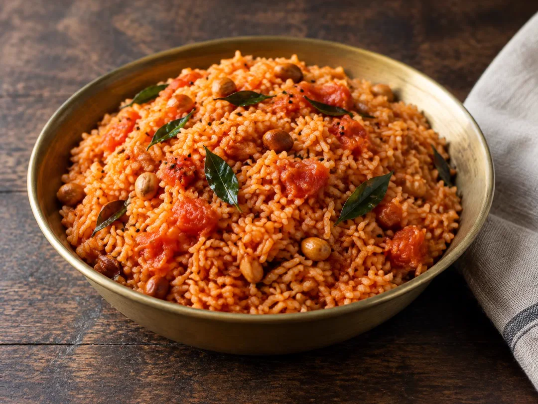 Tomato Rice — South Indian tomato rice with softened tomato, curry leaves, mustard seeds and peanuts