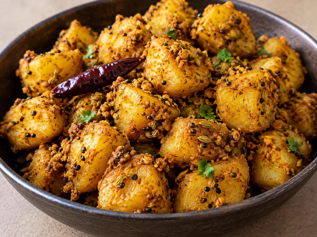 Achari Aloo — Semi-dry achari aloo coated with mustard, fennel, nigella and fenugreek pickle spices