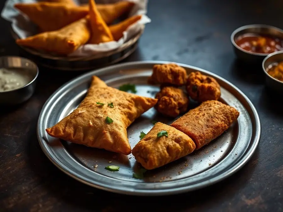Onion Pakora — Crisp Indian pakoras on a steel plate