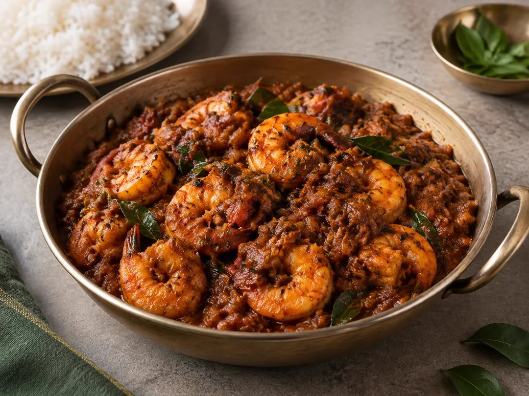 Prawn Masala — Prawns coated in thick red-brown onion tomato masala with curry leaves