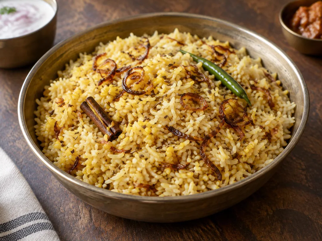 Hyderabadi Khichdi — Dry fluffy Hyderabadi khichdi with separate basmati grains, moong dal, browned onion and whole spices