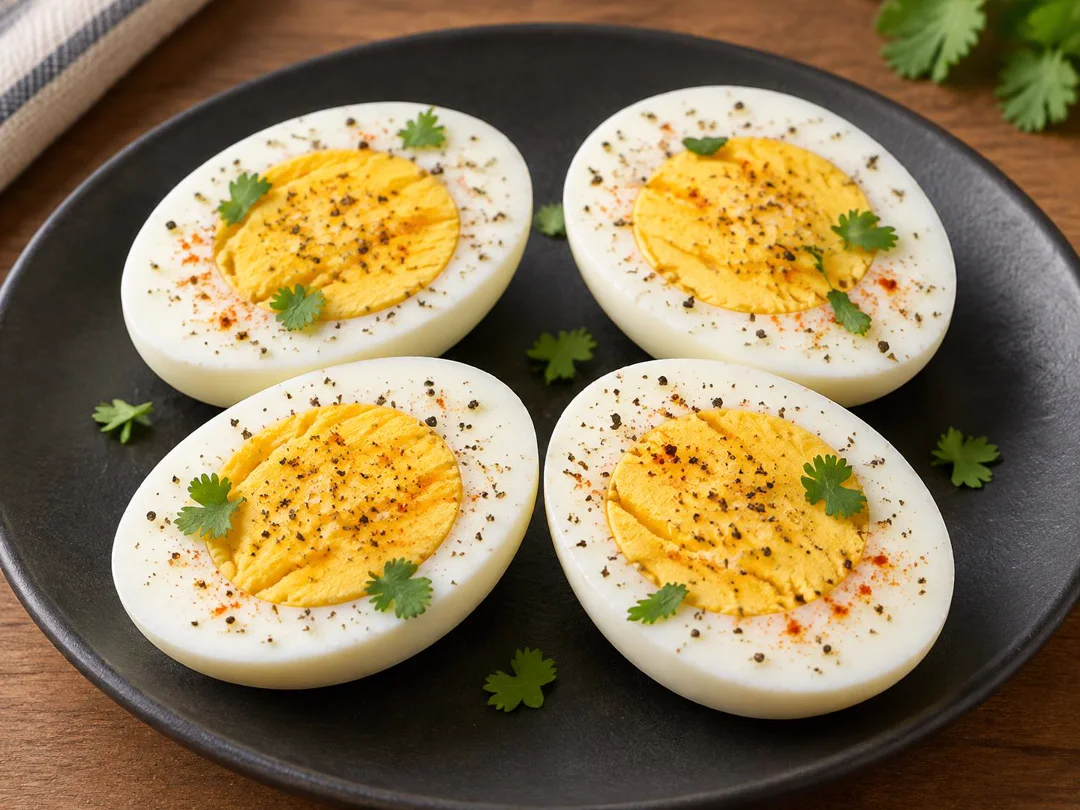 Boiled Eggs — Halved boiled eggs with firm whites and centered yolks, lightly seasoned without sauce or gravy