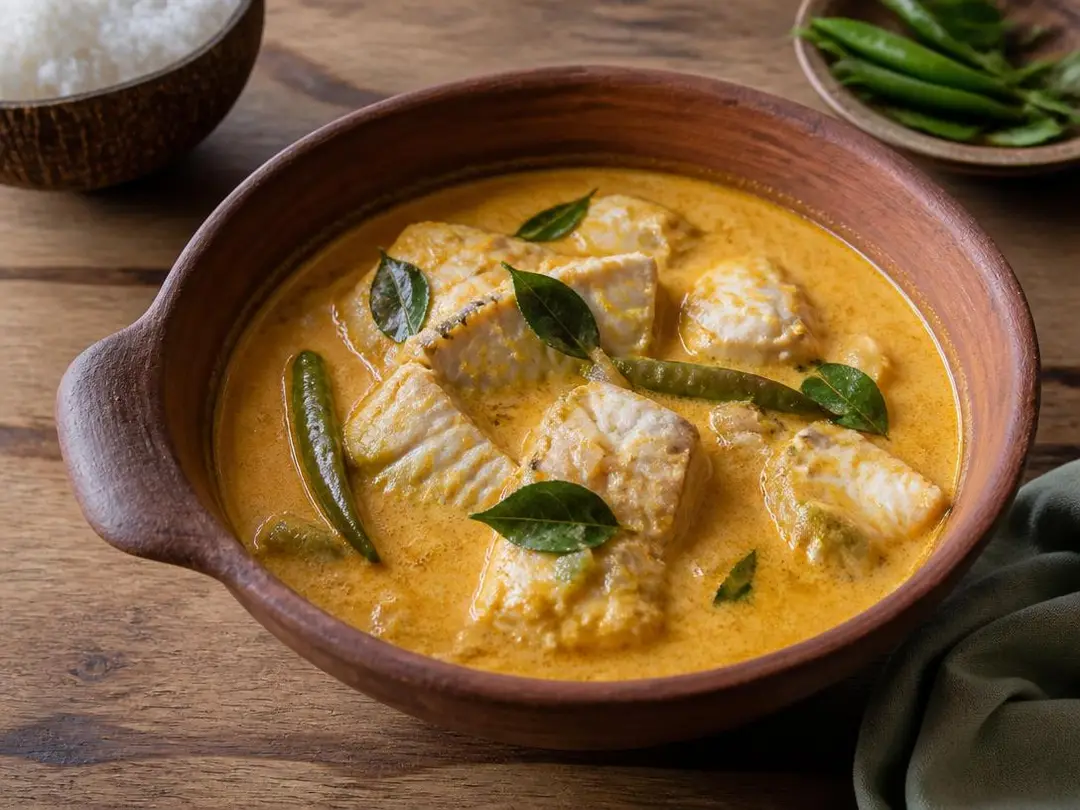 Coconut Fish Curry — Coconut fish curry with white fish and curry leaves in a clay pot