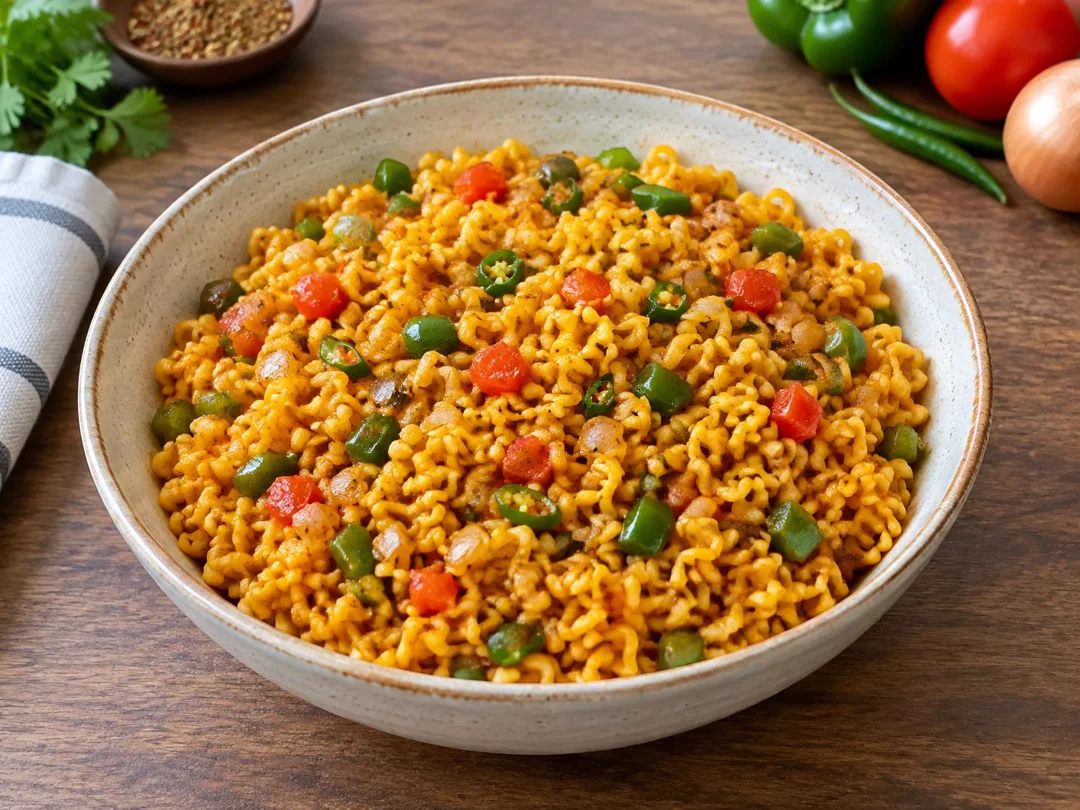 Desi Masala Maggi — Curly instant noodles coated in golden masala with onion, tomato, capsicum and green chilli