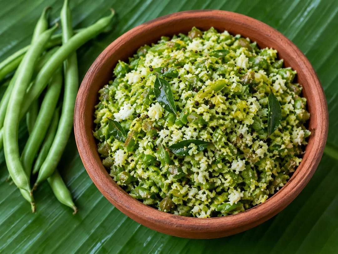 Beans Thoran — Finely chopped green beans stir-fried with grated coconut, mustard seeds and curry leaves