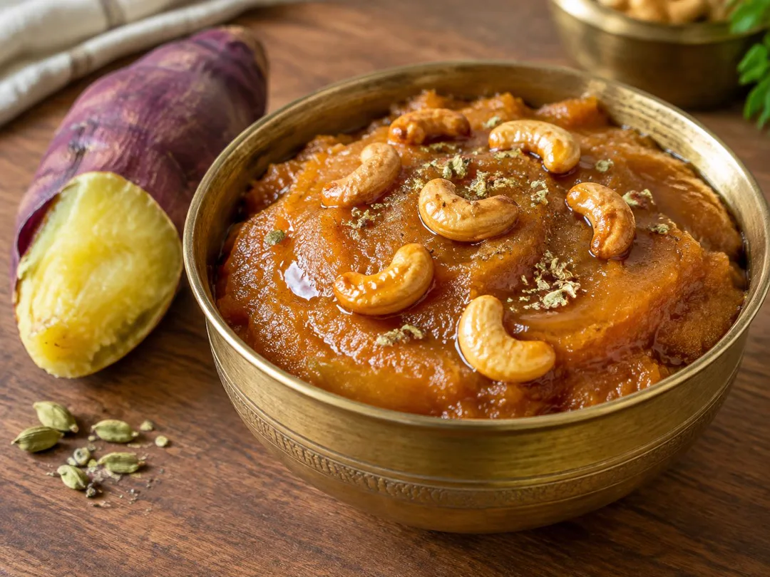 Sweet Potato Halwa — Glossy sweet potato halwa cooked in ghee and milk, topped with roasted cashews