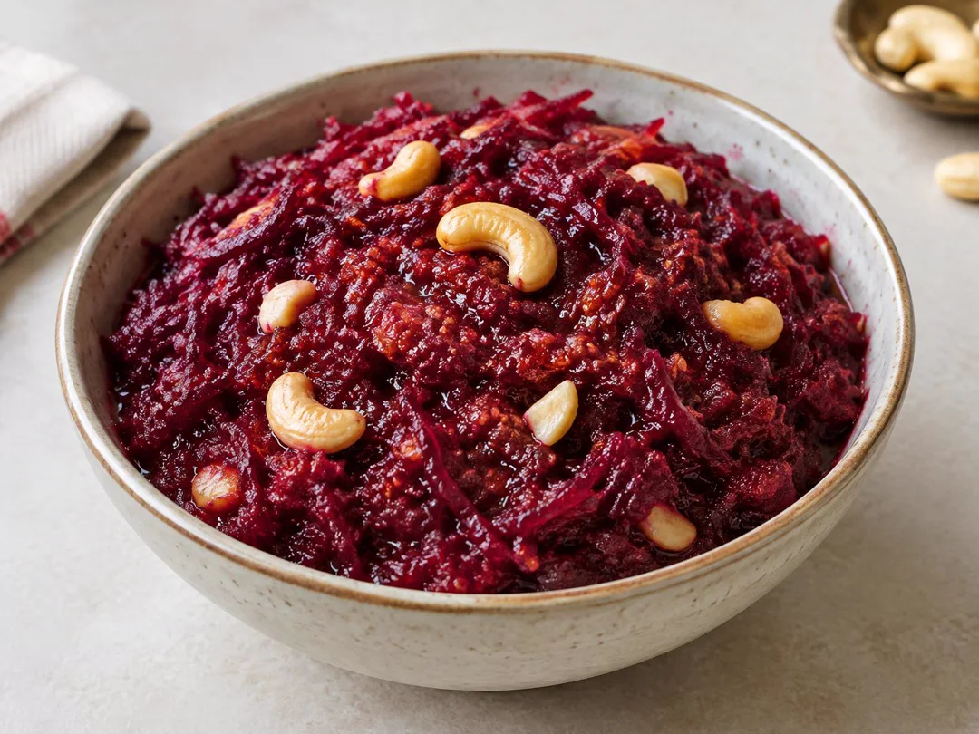 Beetroot Halwa — Deep ruby grated beetroot halwa with glossy ghee-rich strands and cashew garnish