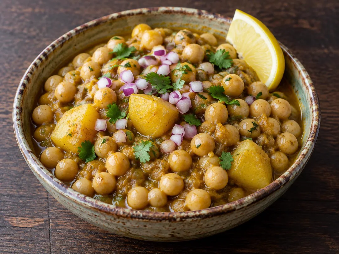 Matar Ghugni — Bengali ghugni with whole cooked white peas, potato, raw onion and lemon