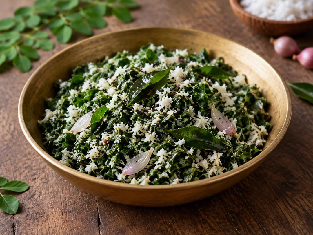 Drumstick Leaf Thoran — Kerala drumstick leaves thoran — moringa leaves stir-fried with grated coconut, mustard seeds, shallots and curry leaves