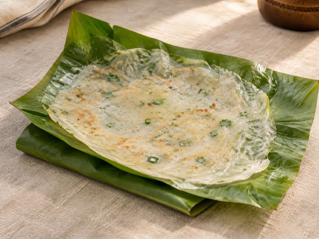 Banana Leaf Panki — Thin Gujarati rice-flour panki opened between fresh banana leaves