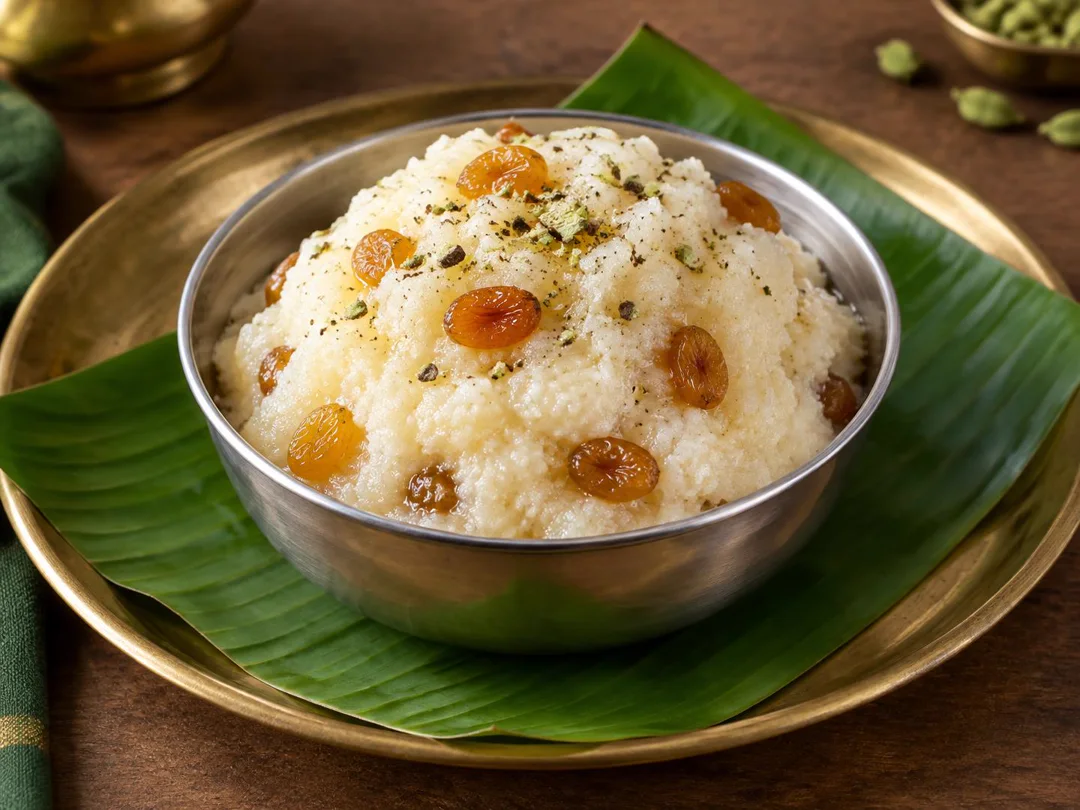 Sooji Sheera — Pale milk-cooked semolina sheera with golden raisins and crushed cardamom