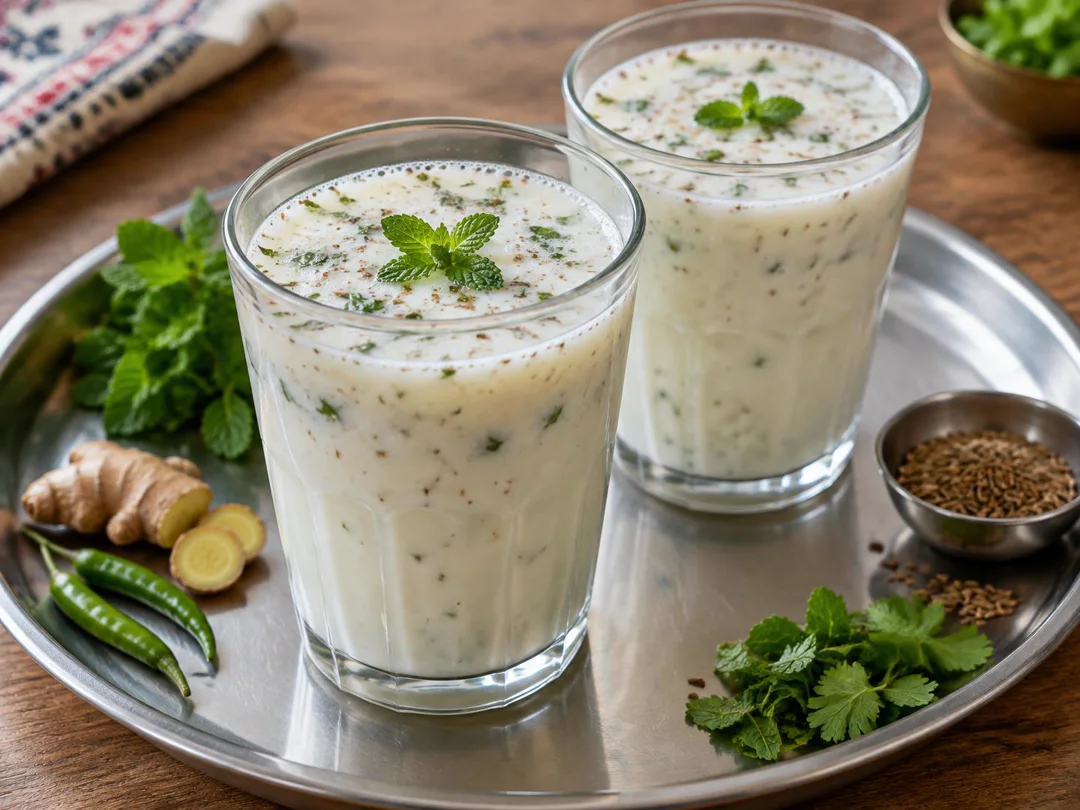 Masala Chaas — Thin Gujarati spiced buttermilk with mint, ginger, green chilli and roasted cumin