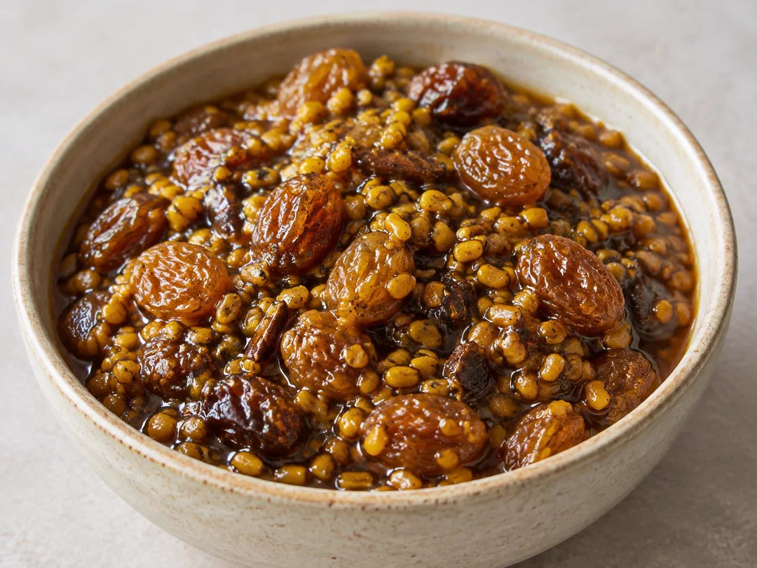 Methi Dana Launji — Glossy Rajasthani fenugreek-seed launji with raisins and an amber jaggery glaze