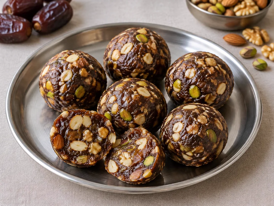 Dry Fruit Ladoo — Dark date-bound ladoos with coarse almond, walnut and pistachio pieces